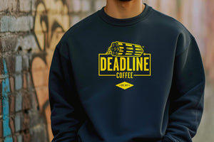 Navy blue Deadline Coffee sweatshirt with yellow logo