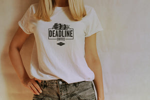 White blue Deadline Coffee t-shirt on a blonde woman