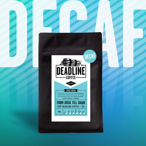 A bag of Deadline Coffee's From Dusk Til Dawn decaffeinated single-origin coffee